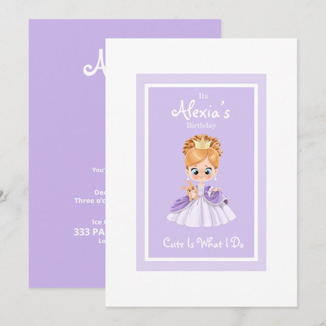 White and purple little princess birthday invitati invitation (Front/Back)