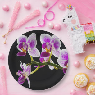 White and purple orchid paper plate