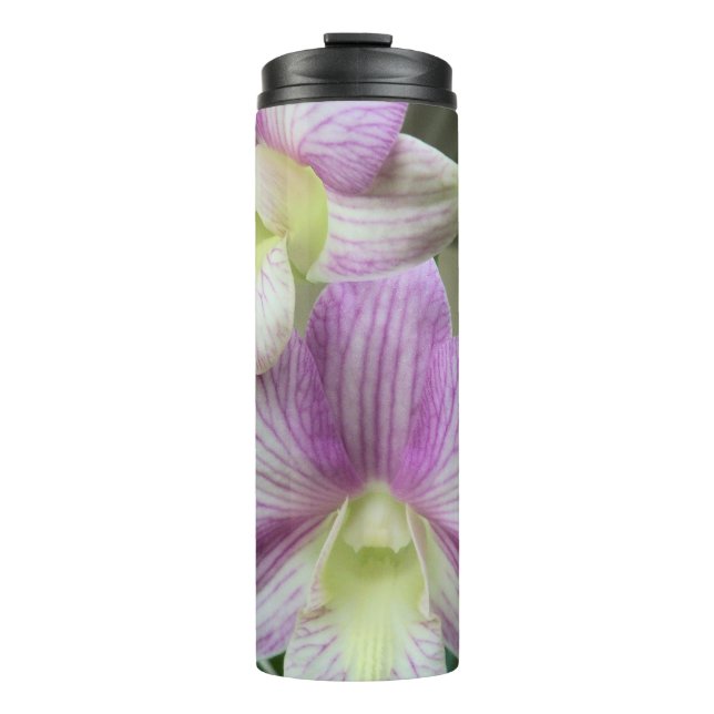 White and purple orchids on a thermal tumbler (Front)