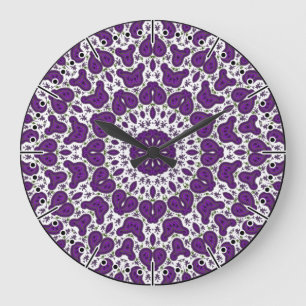 White and Purple Paisley, Kaleidoscope Boho Large Clock