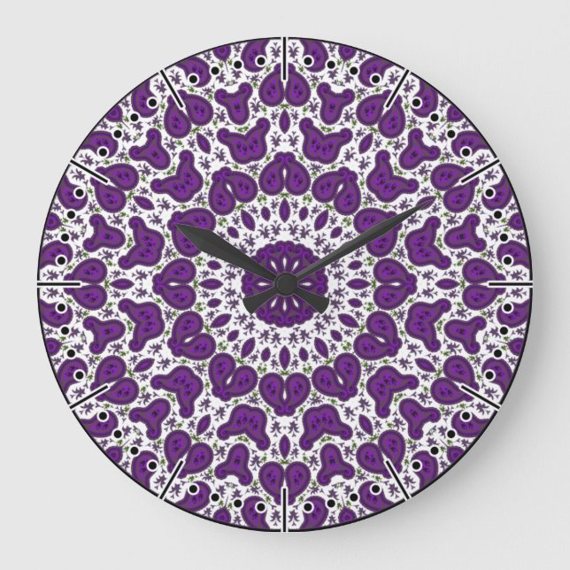 White and Purple Paisley, Kaleidoscope Boho Large Clock (Front)