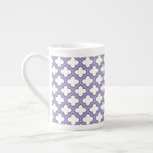 White and Purple Trellis, Lattice, Quatrefoil Bone China Mug
