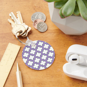 White and Purple Trellis, Lattice, Quatrefoil Key Ring