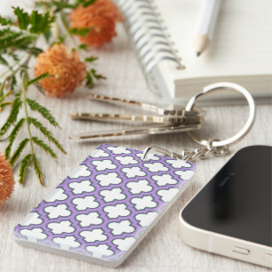 White and Purple Trellis, Lattice, Quatrefoil Key Ring