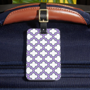 White and Purple Trellis, Lattice, Quatrefoil Luggage Tag