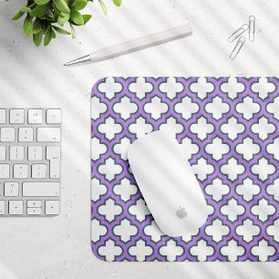 White and Purple Trellis, Lattice, Quatrefoil Mouse Mat