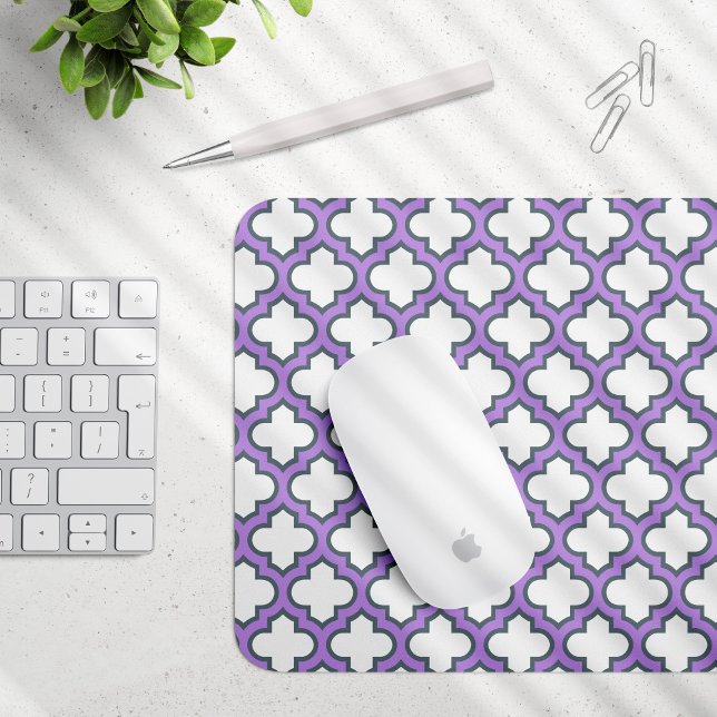 White and Purple Trellis, Lattice, Quatrefoil Mouse Mat (Creator Uploaded)