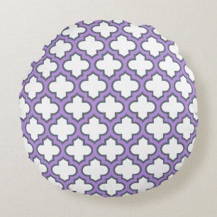 White and Purple Trellis, Lattice, Quatrefoil Round Cushion