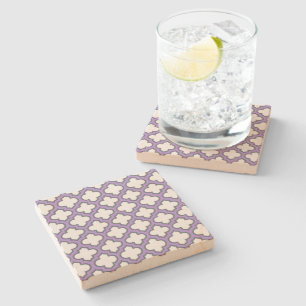 White and Purple Trellis, Lattice, Quatrefoil Stone Coaster