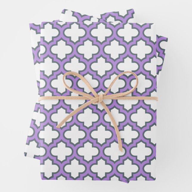 White and Purple Trellis, Lattice, Quatrefoil Wrapping Paper Sheet (In situ)
