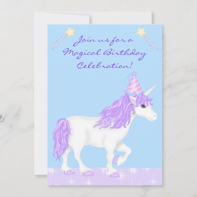 White and Purple Unicorn Girls Birthday Invitation (Front)