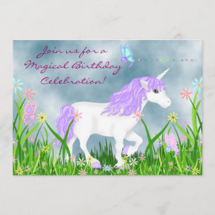 White and Purple Unicorn with Butterflies Birthday Invitation