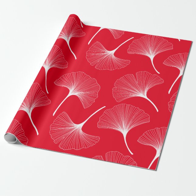 White and red abstract leaves pattern wrapping paper (Unrolled)