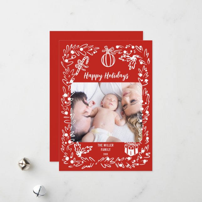 White and red Christmas Photo Card whimsical (Front/Back In Situ)