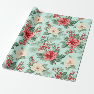 White and Red Christmas Watercolor Flowers on Blue Wrapping Paper