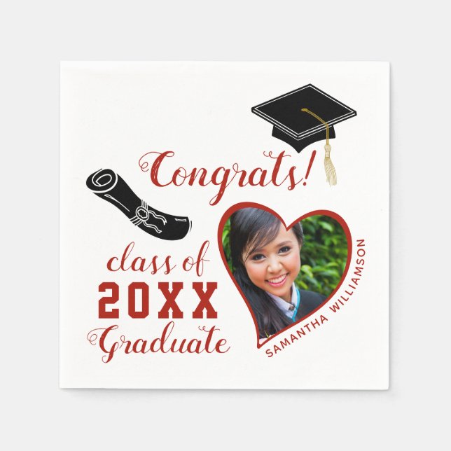 White and Red Class of 2025 Photo Graduation Napkin (Front)