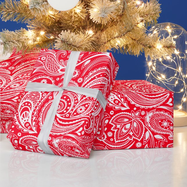 White And Red Floral Paisley Pattern Wrapping Paper (Holidays)