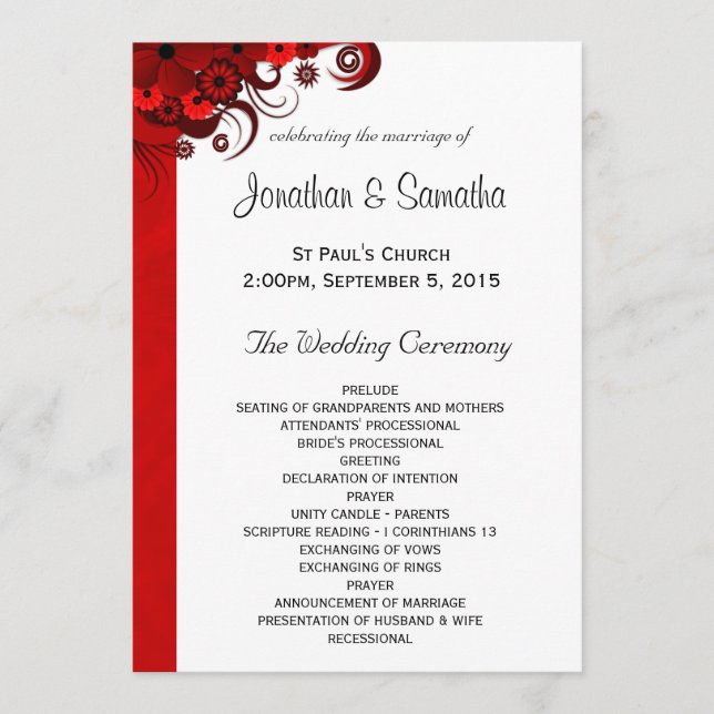 White and Red Floral Wedding Program Templates (Front)