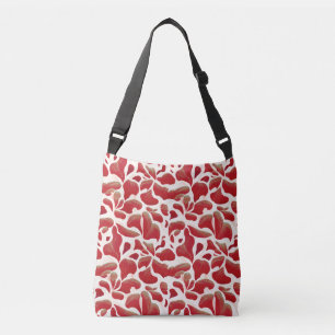 White and Red Flying Leaves Repeating Pattern Crossbody Bag