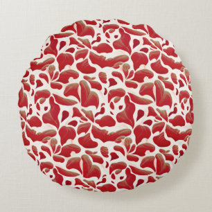 White and Red Flying Leaves Repeating Pattern Round Cushion