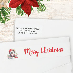White and Red Fun Penguin Merry Christmas Address Wrap Around Label