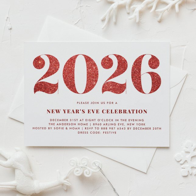 White and Red Glitter 2024 New Year's Eve Party Invitation (Customizable 2026 New Year's Eve party invitation featuring faux red glitter.)