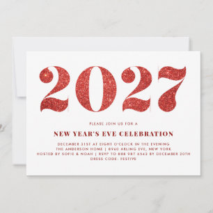 White and Red Glitter 2024 New Year's Eve Party Invitation