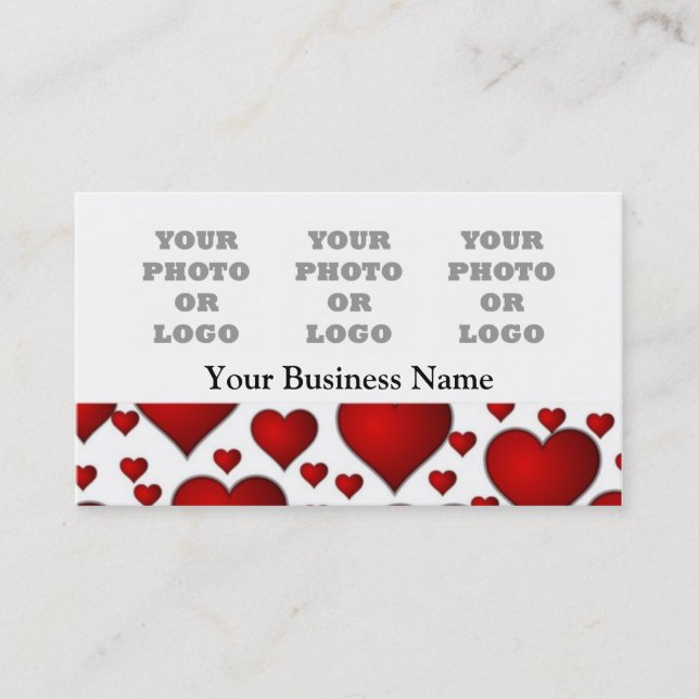 White and red heart pattern photo logo template business card (Front)