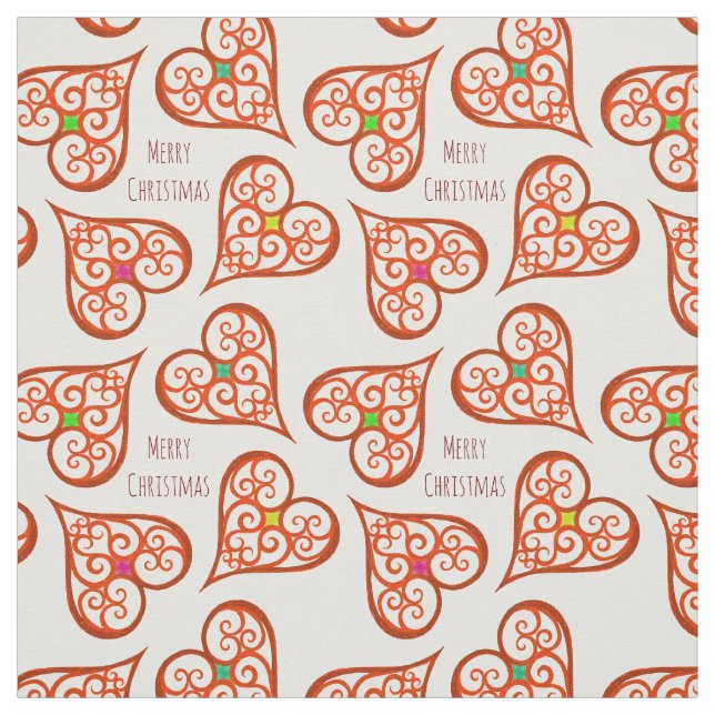 White and Red hearts elegant swirls boho chic Fabric (Swatch)