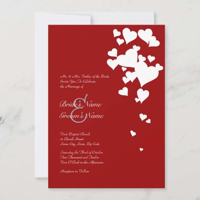 White and Red Hearts Wedding Invitation (Front)