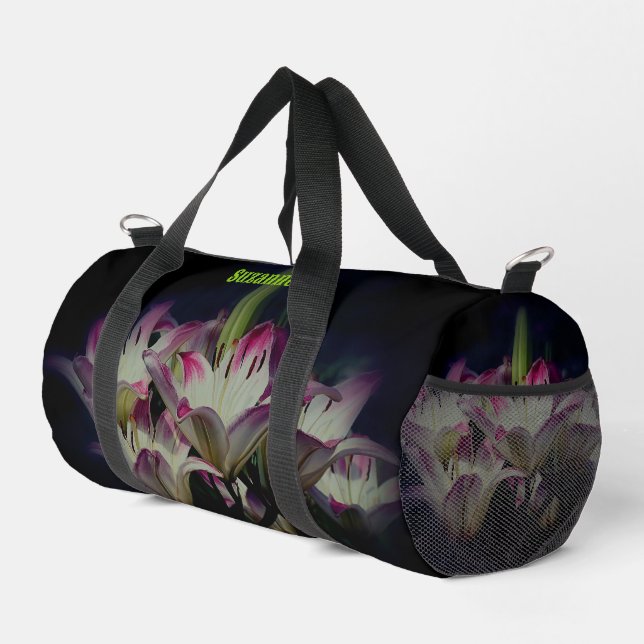 White And Red Lily Flowers Personalised Duffle Bag (Right Corner)