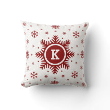 White and Red Monogram Holiday Snowflake pillow