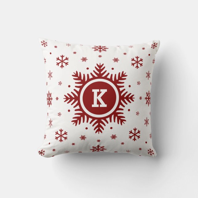 White and Red Monogram Holiday Snowflake pillow (Front)