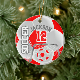 White and Red Personalise Soccer Ball Ceramic Tree Decoration