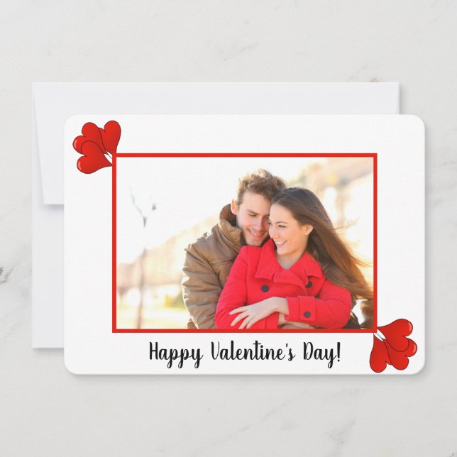 White and Red Photo with Red Heart Shaped Balloons Holiday Card (Front)