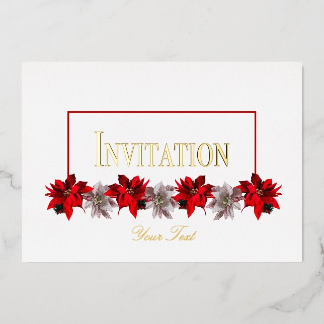 White and Red Poinsettias Foil Invitation (Front)