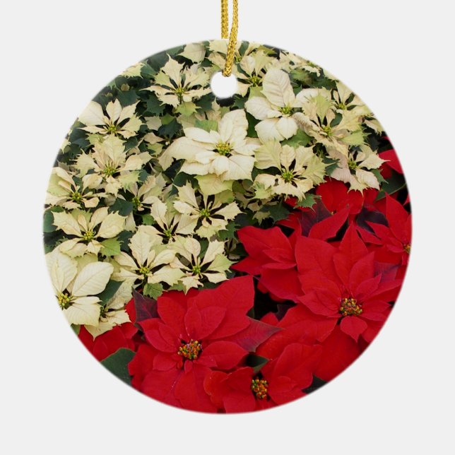 White and Red Poinsettias I Holiday Floral Ceramic Tree Decoration (Front)