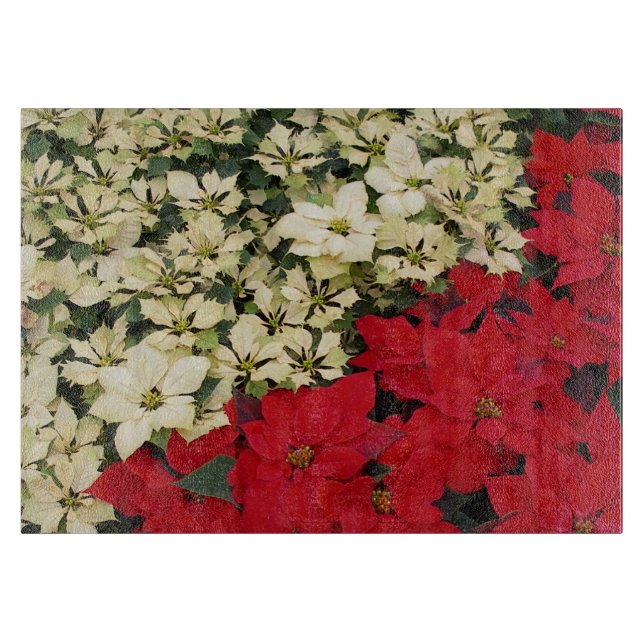 White and Red Poinsettias I Holiday Floral Cutting Board (Front)