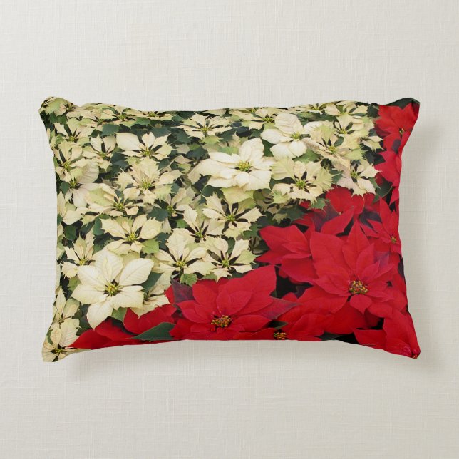 White and Red Poinsettias I Holiday Floral Decorative Cushion (Front)