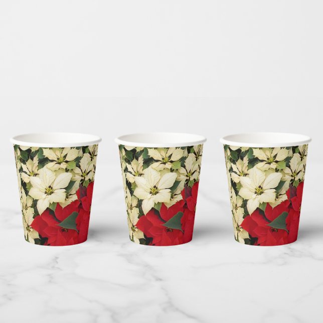 White and Red Poinsettias I Holiday Floral Paper Cups (Multi)