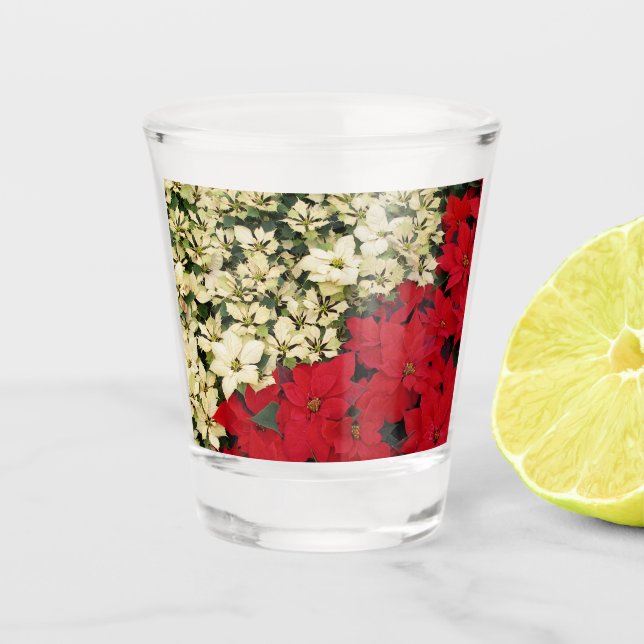 White and Red Poinsettias I Holiday Floral Shot Glass (Front)