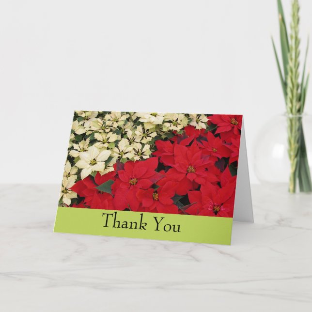 White and Red Poinsettias I Holiday Floral Thank You Card (Front)