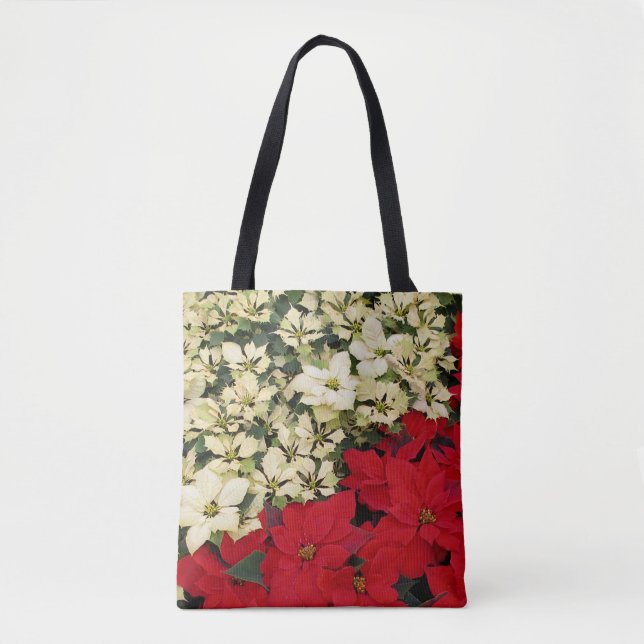 White and Red Poinsettias I Holiday Floral Tote Bag (Front)