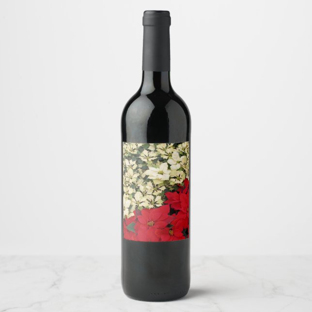 White and Red Poinsettias I Holiday Floral Wine Label (Front)