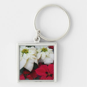 White and Red Poinsettias II Christmas Holiday Key Ring