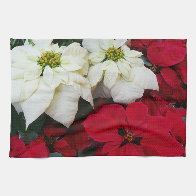 White and Red Poinsettias II Christmas Holiday Tea Towel (Horizontal)