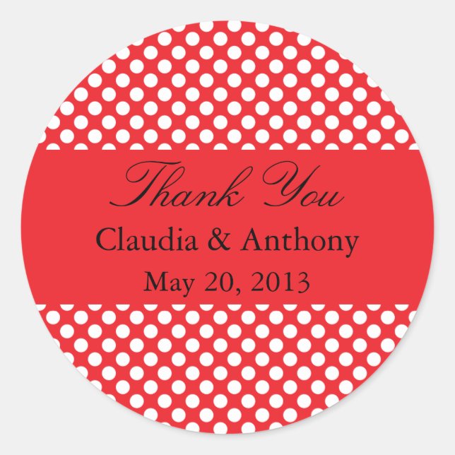 White and Red Polka Dot Wedding Thank You Classic Round Sticker (Front)