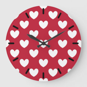 White and red polka hearts large clock