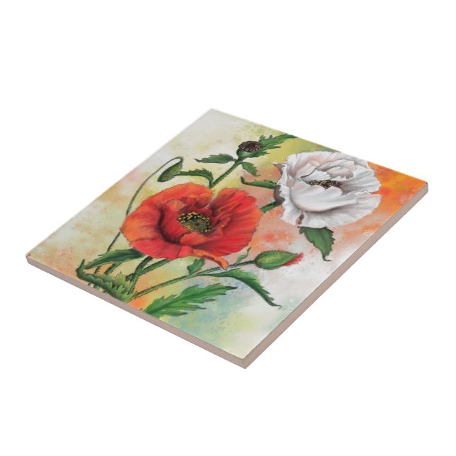 White and Red Poppies Ceramic Tile (Side)