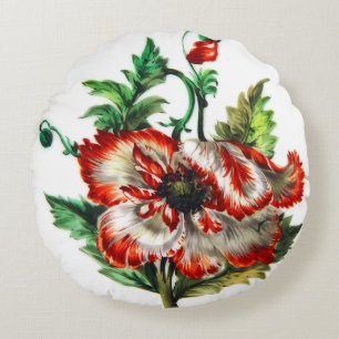 White and Red Poppy Flower Art Round Cushion